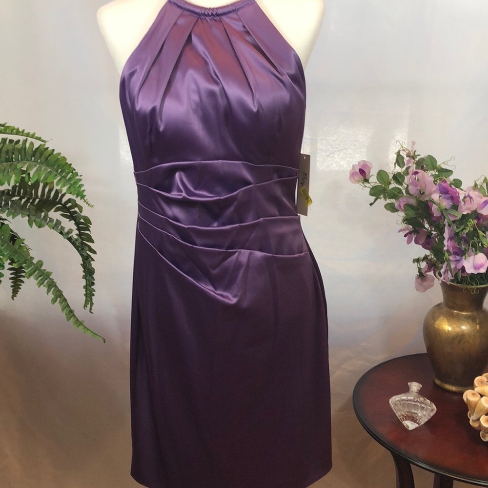 Eliza J Halter Satin Sheath Dress with Necklace Detail
